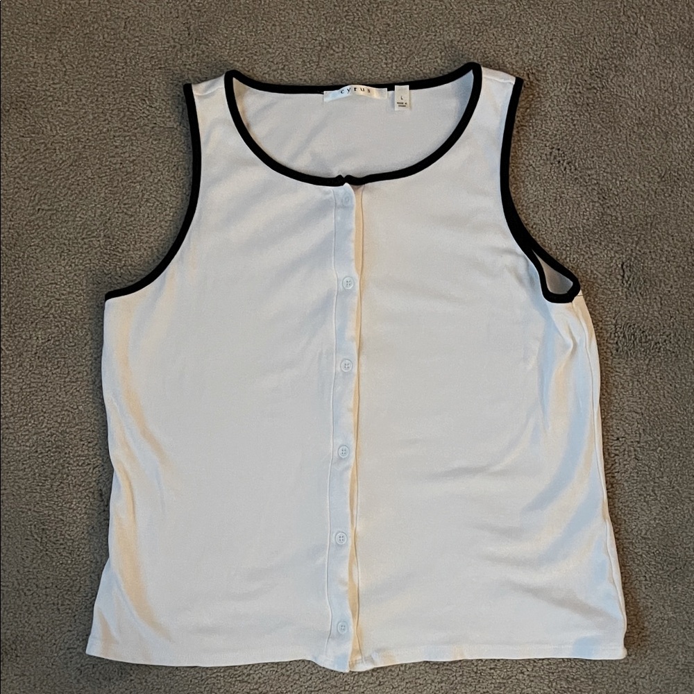 Cyrus Button Front White Tank Top with Black Trim- size large, EUC